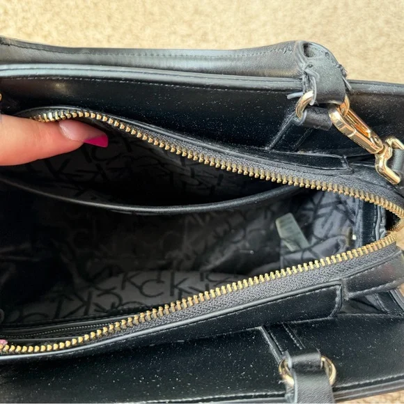 Calvin Klein Black Leather Satchel with Brown Monogram Front - Picture 4 of 4